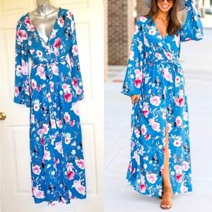 Blue Floral Pink Lily Maxi Dress